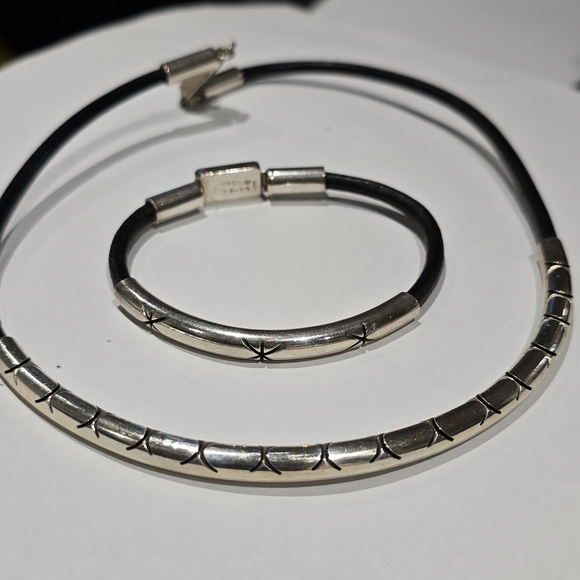 STERLING SILVER BLACK CORD NECKLACE &  BRACELET 925 MEXICO 3093 - Picture 1 of 8